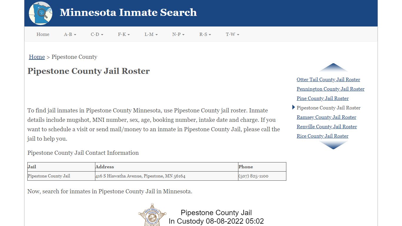 Pipestone County Jail Roster - Minnesota Inmate Search