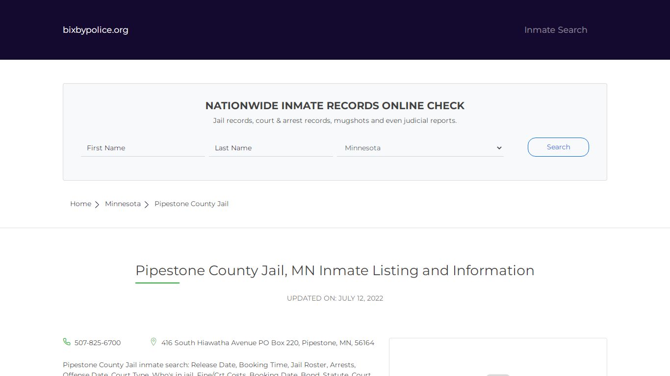 Pipestone County Jail, MN Inmate Listing and Information